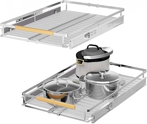 Expandable pull-out cabinet organizers with wire drawers, adjustable width, heavy-duty stainless steel shelves, 2-pack