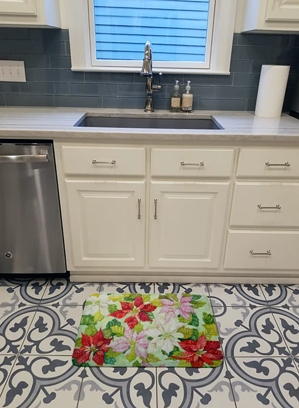 FHC1008RUG Poinsettias by Ferris Hotard Bath Mat Machine Washable Anti-Fatigue Memory Foam Kitchen Rug, 19 X 27, Multicolor