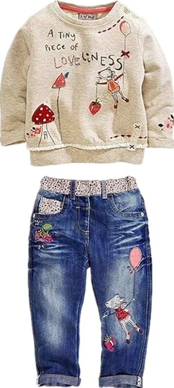 Cute long-sleeve top and jeans for toddler girls