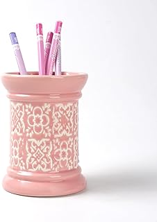 Pink Ceramic Carved Pencil Holder for Desk
