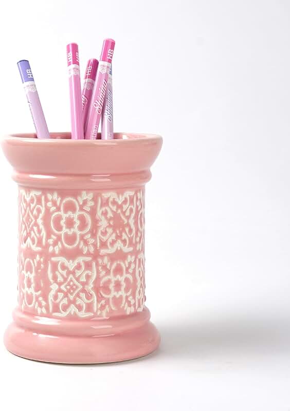 Pink Ceramic Carved Pencil Holder for Desk
