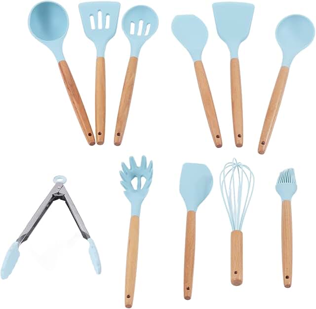 Set of 12 Non-Stick Wooden Handle Kitchen Utensils