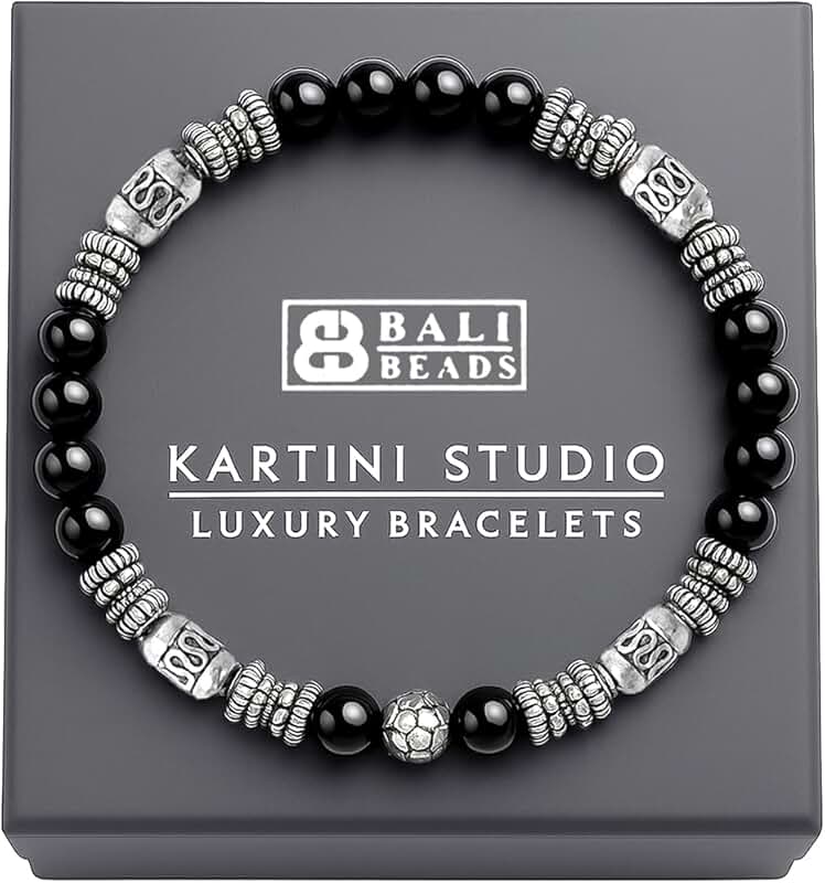 Black Onyx and Silver Bead Bracelet for Men