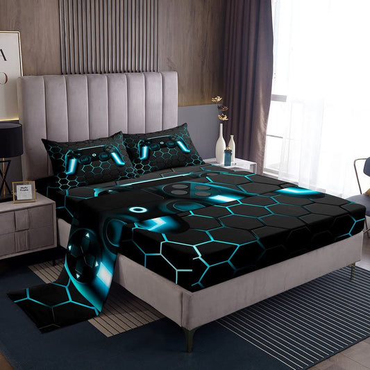 Gaming Sheet Set for Boys Teens Game Bedding Sets Full,Kids Gamer Bed Sheets Game Home Decor,Soft Neon Lights Gamepad Flat Sheet Geometry Beehive Honeycomb Fitted Sheet with 2 Pillow Shams, Blue Grey