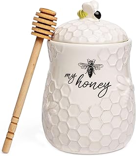 Ceramic Honey Jar with Lid and Wooden Dipper