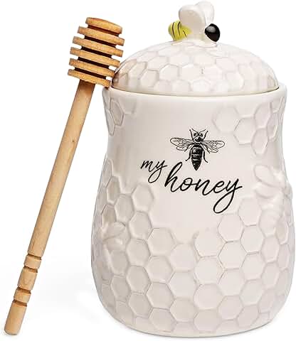Ceramic Honey Jar with Lid and Wooden Dipper