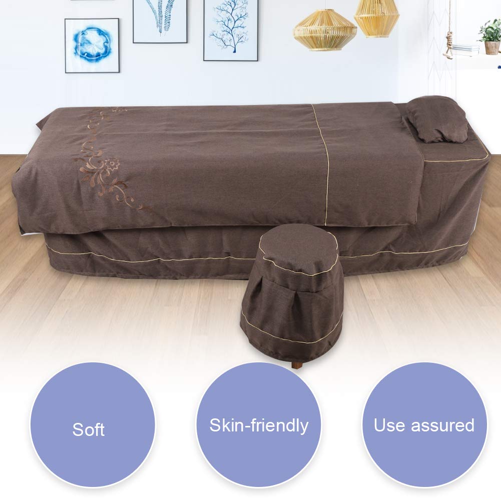 4Pcs Beauty Salon Bedding Sets, Mage Table Cover Set, Mage Sheets with Face Hole Duvet Cover Bed Quilt Pillow Stool Cover(Dark Coffee)