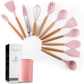 Pink silicone cookware set with wooden handles and storage bucket