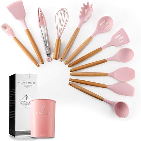 Pink silicone cookware set with wooden handles and storage bucket