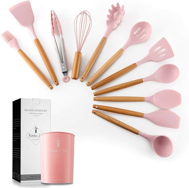Pink silicone cookware set with wooden handles and storage bucket