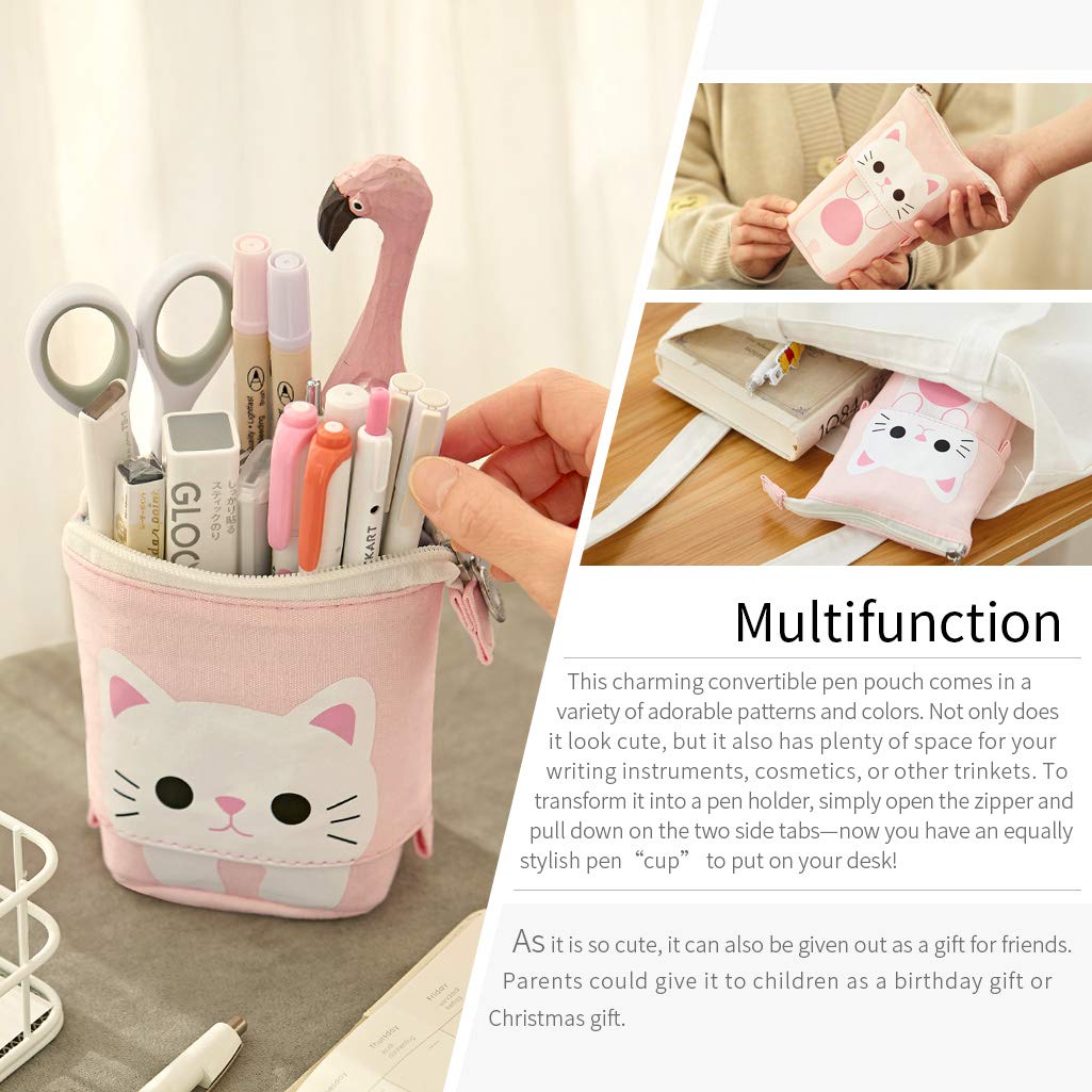 Pink cartoon cat pencil pouch for students