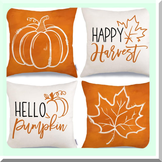 Autumn Harvest Pillow Set - Pumpkin Maple Leaves Decorative Throw Pillows 18x18 - Farmhouse Thanksgiving Cushion Case - Happy Fall Outdoor Decor