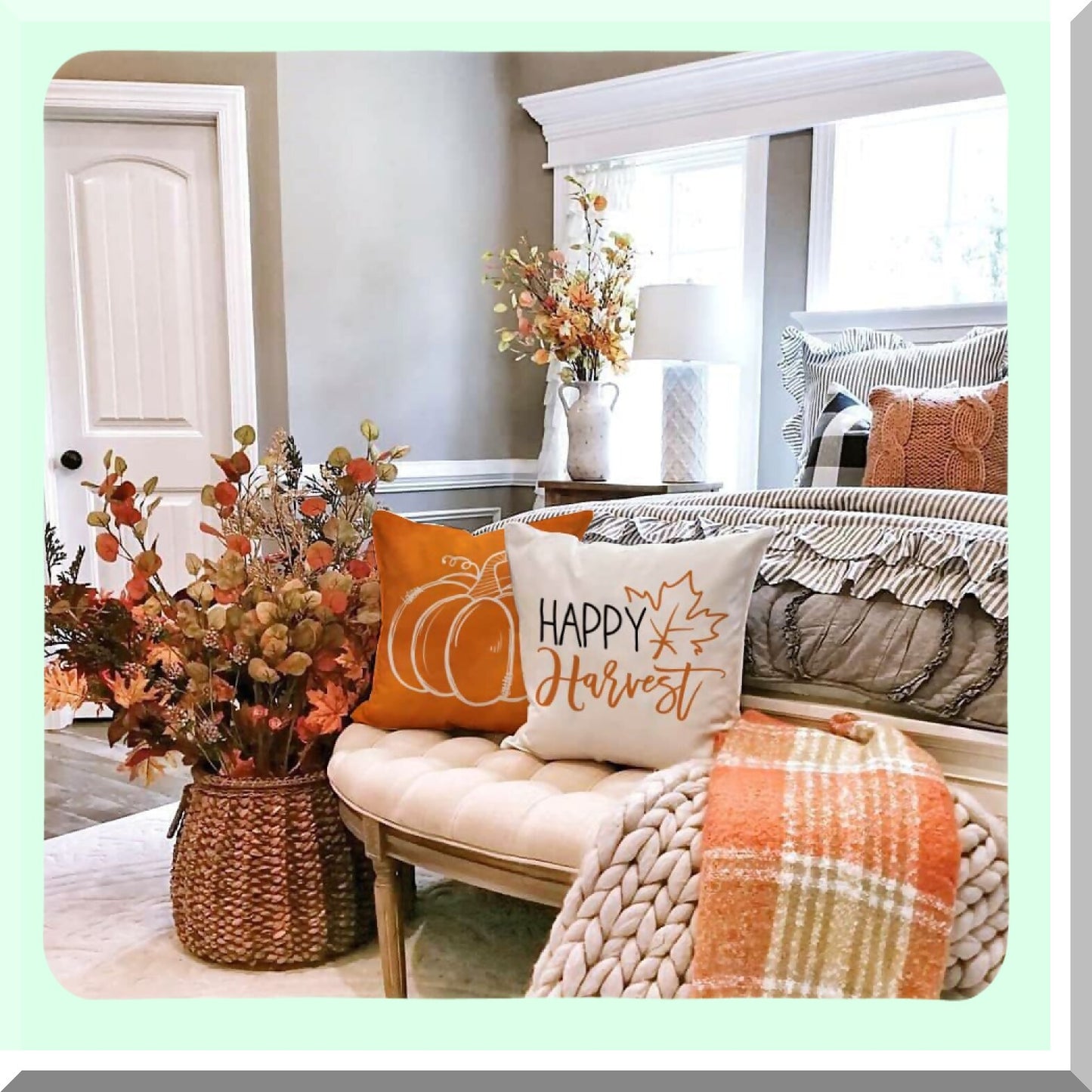 Autumn Harvest Pillow Set - Pumpkin Maple Leaves Decorative Throw Pillows 18x18 - Farmhouse Thanksgiving Cushion Case - Happy Fall Outdoor Decor