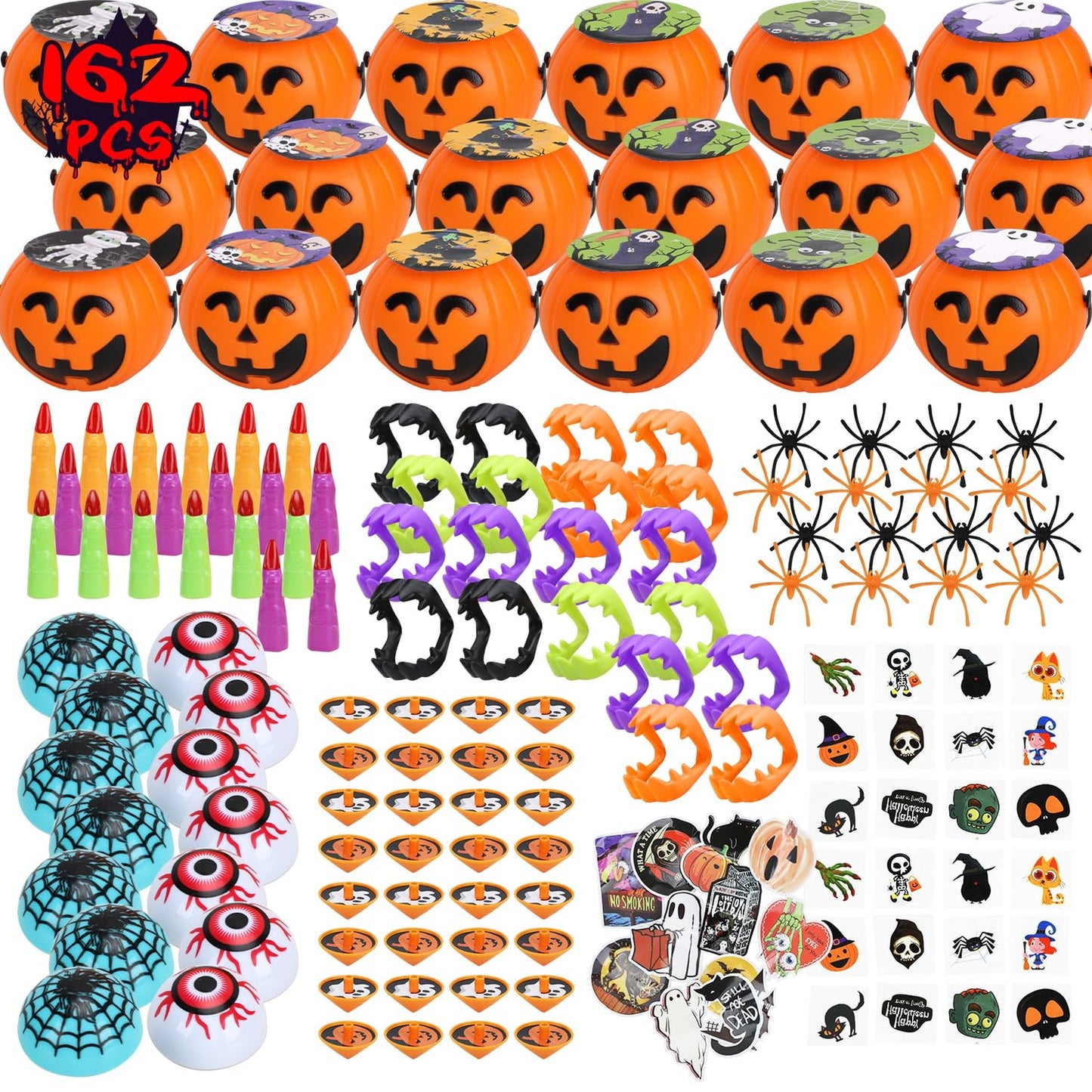 Pumpkin Party Pals - 162Pcs Toy Filled Buckets for Kids! Perfect Pinata Stuffers, Goodie Bag Prizes, and Trick or Treats. Get the party started!