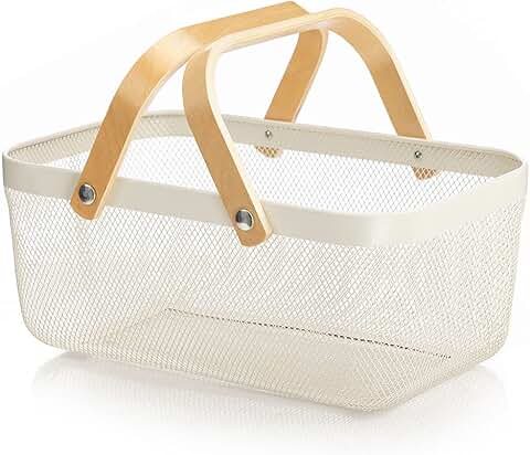 Square metal wire fruit basket with wooden handle