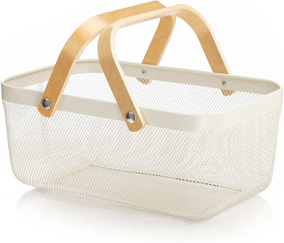 Square metal wire fruit basket with wooden handle