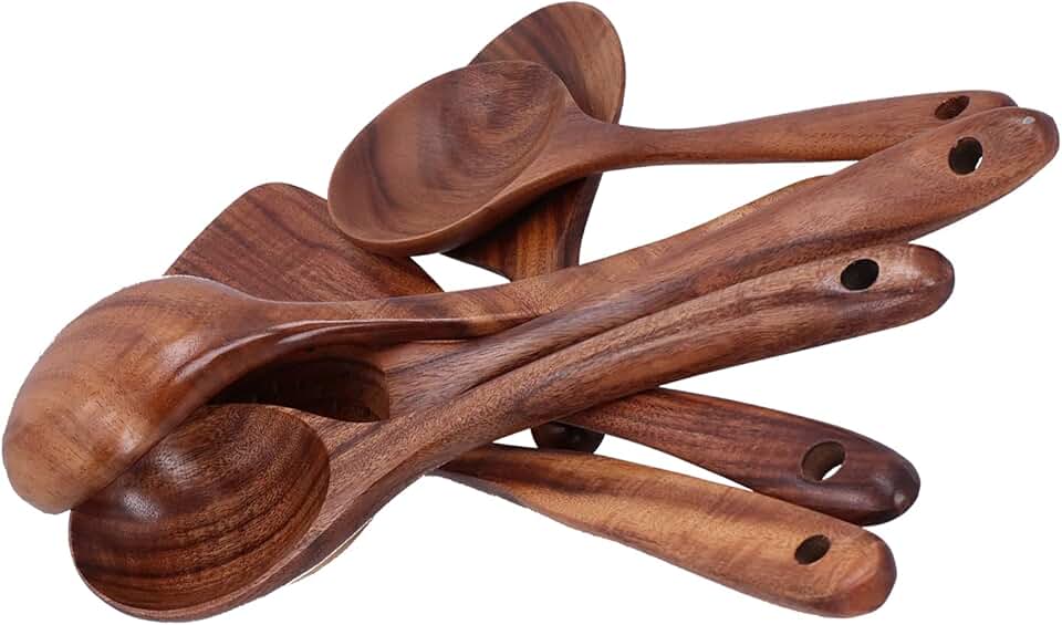 Set of 10 Wooden Teak Spoons with Long Handles