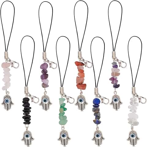 8pcs Gemstone Chips Hamsa Hand Phone Charms