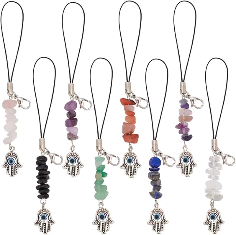 8pcs Gemstone Chips Hamsa Hand Phone Charms
