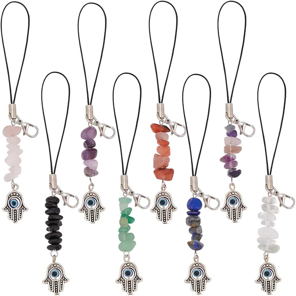 8pcs Gemstone Chips Hamsa Hand Phone Charms