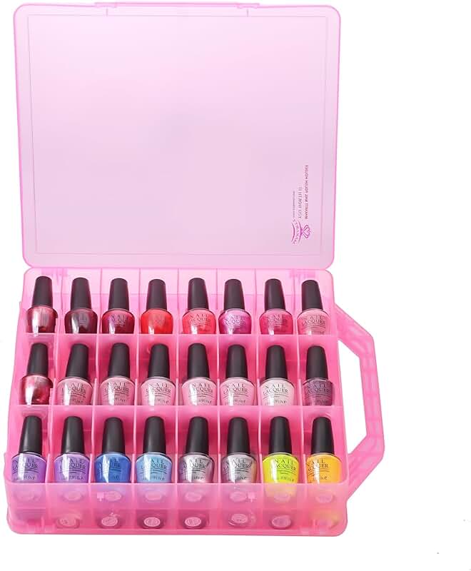 Pink acrylic nail polish organizer with 48 slots and adjustable dividers