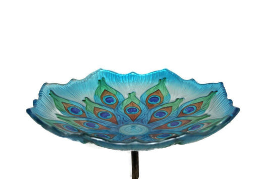 Stunning and Intricate Peacock Inspired Gl Bird Bath Bowl with Metal Stake  11 Long x 11" Wide x 26.75" High