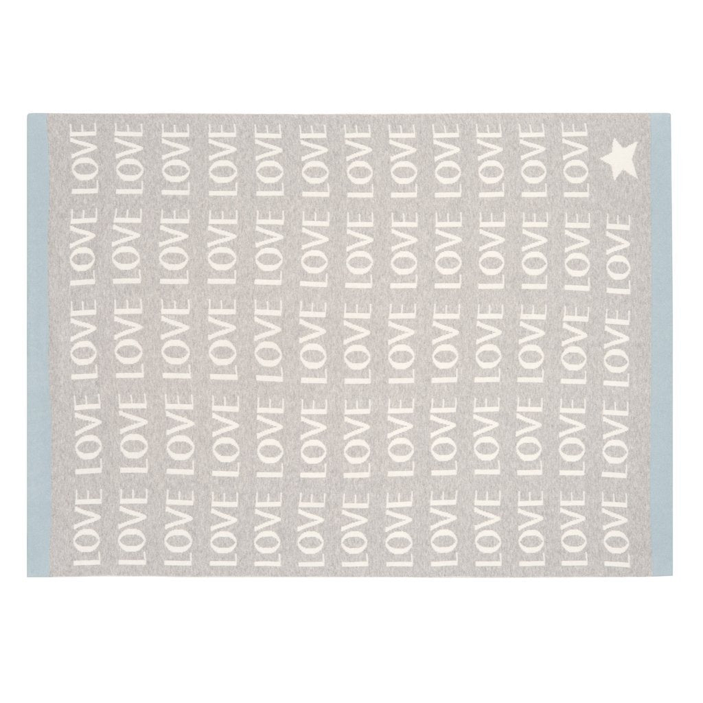 Premium 100% Cotton Knit Blanket, Grey Love with Blue Trim, 30" x 40"