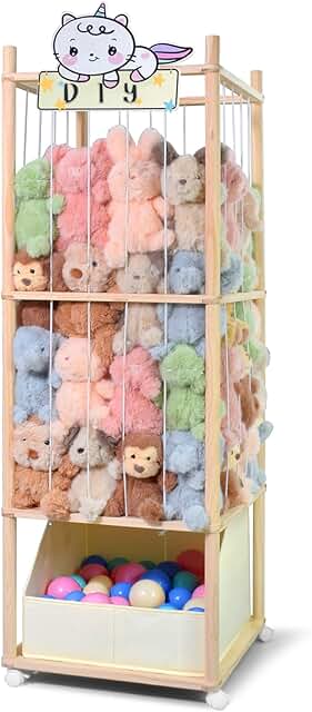 Wooden stuffed animal storage with toy tray and wheels