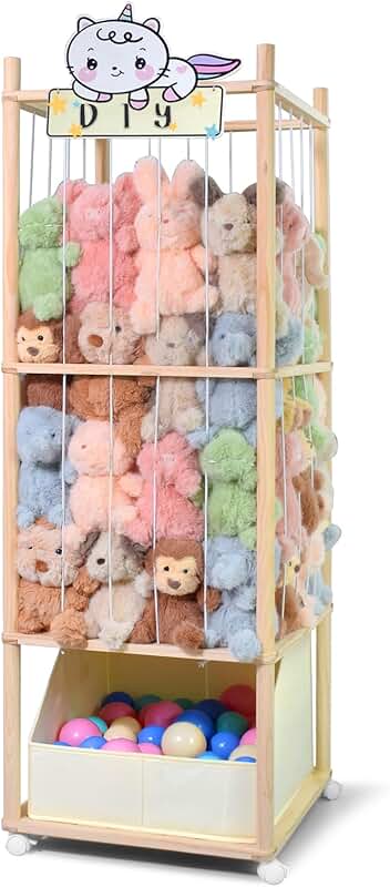 Wooden stuffed animal storage with toy tray and wheels