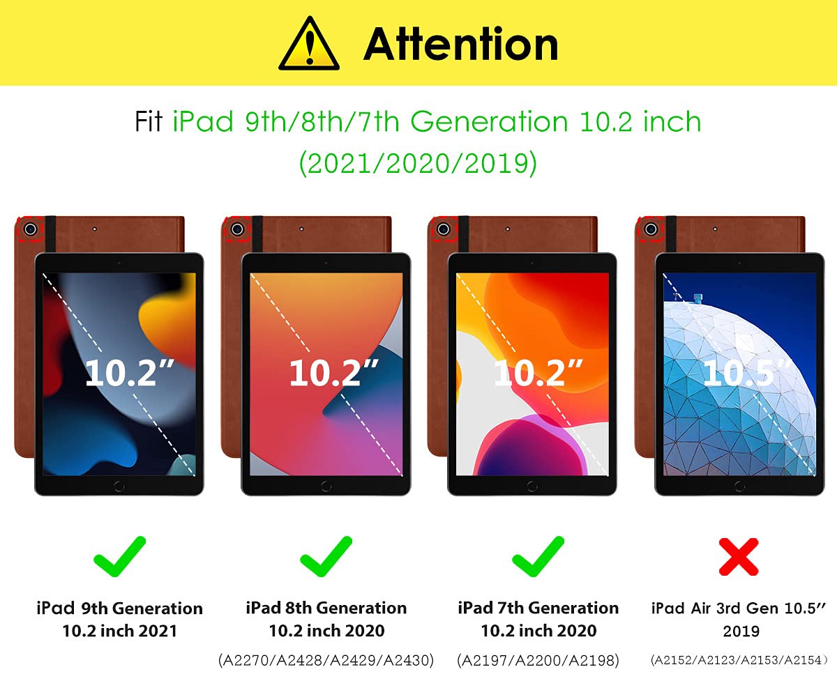 iPad 9th/8th/7th Generation 10.2 Inch Case 2021/2020/2019, Premium Leather Business Folio Stand Cover with Built-in Apple Pencil Holder - Auto Wake/Sleep and Multiple Viewing Angles, Dark Brown