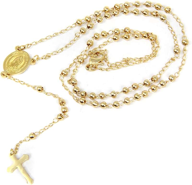 Stainless Steel Gold Silver Rosary Beads Cross Necklace