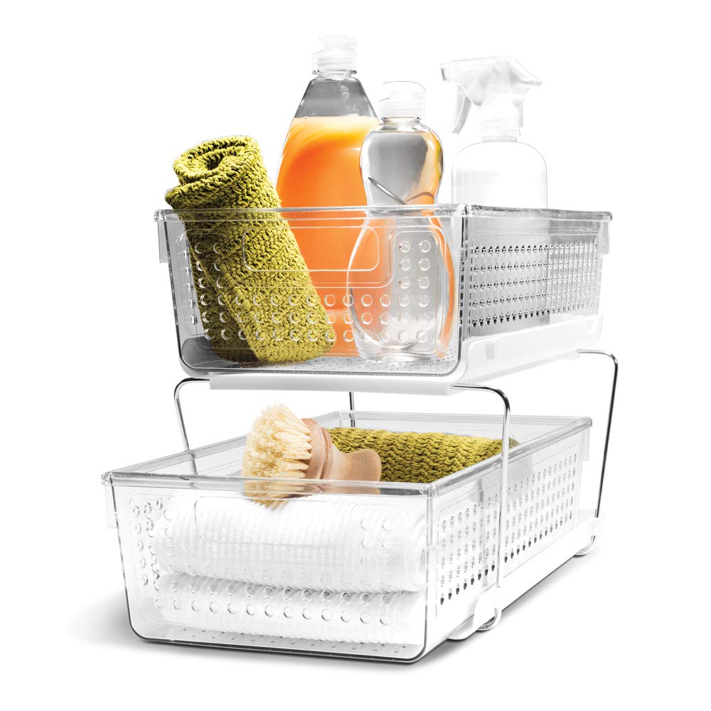 2 Tier Organizer, Multi-Purpose Slide-Out Storage Baskets with Handles, Pack of 1, Clear
