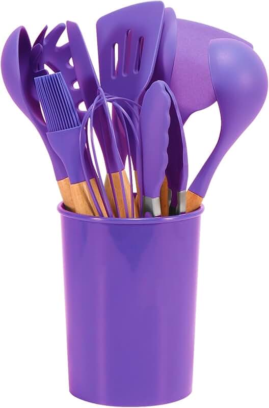12-Piece Colorful Silicone Cookware Set with Wooden Handles