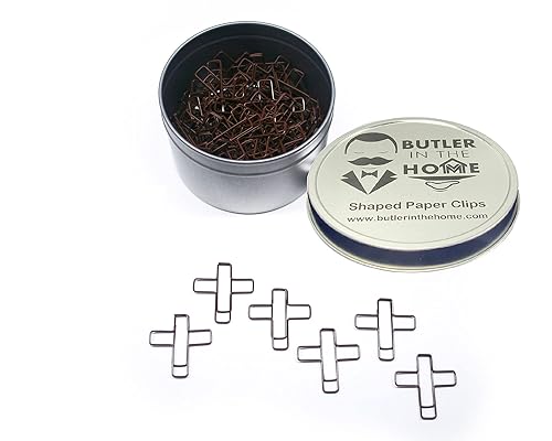 Cross-shaped paper clips in round tin, 100 pieces