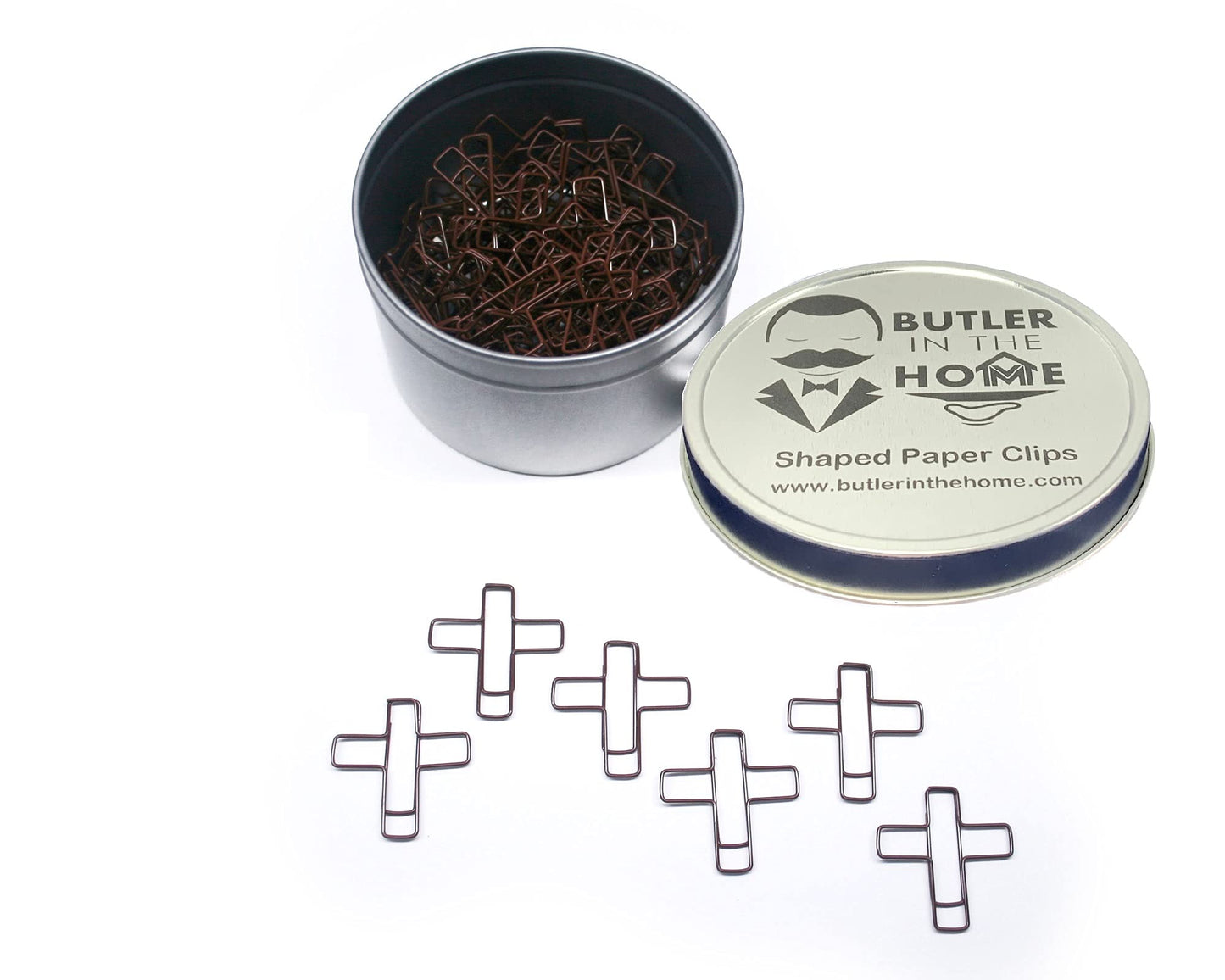 Cross-shaped paper clips in round tin, 100 pieces
