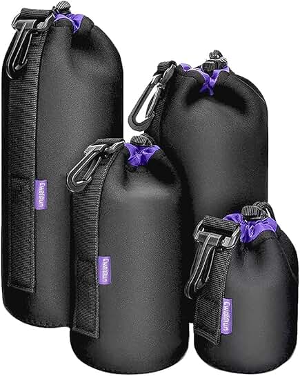 Set of four neoprene lens pouches for camera lenses