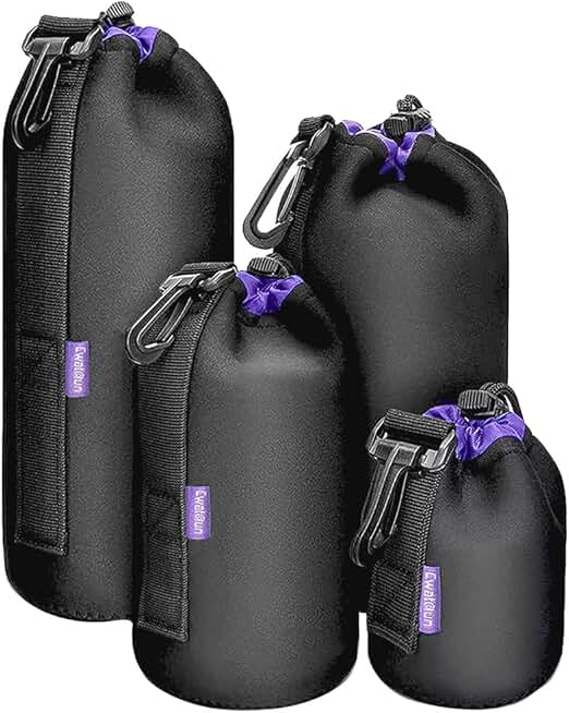 Set of four neoprene lens pouches for camera lenses