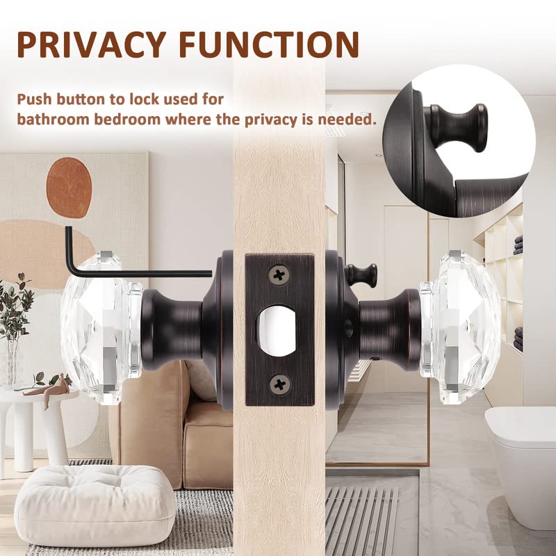 3 Pack Gl Door Knobs with Rubbed Bronze Rosette, Bath/Bed Door Knobs for Privacy Use, Keyless In or Door Handles with Diamond Shape Crystal Gl and Zinc Alloy Base