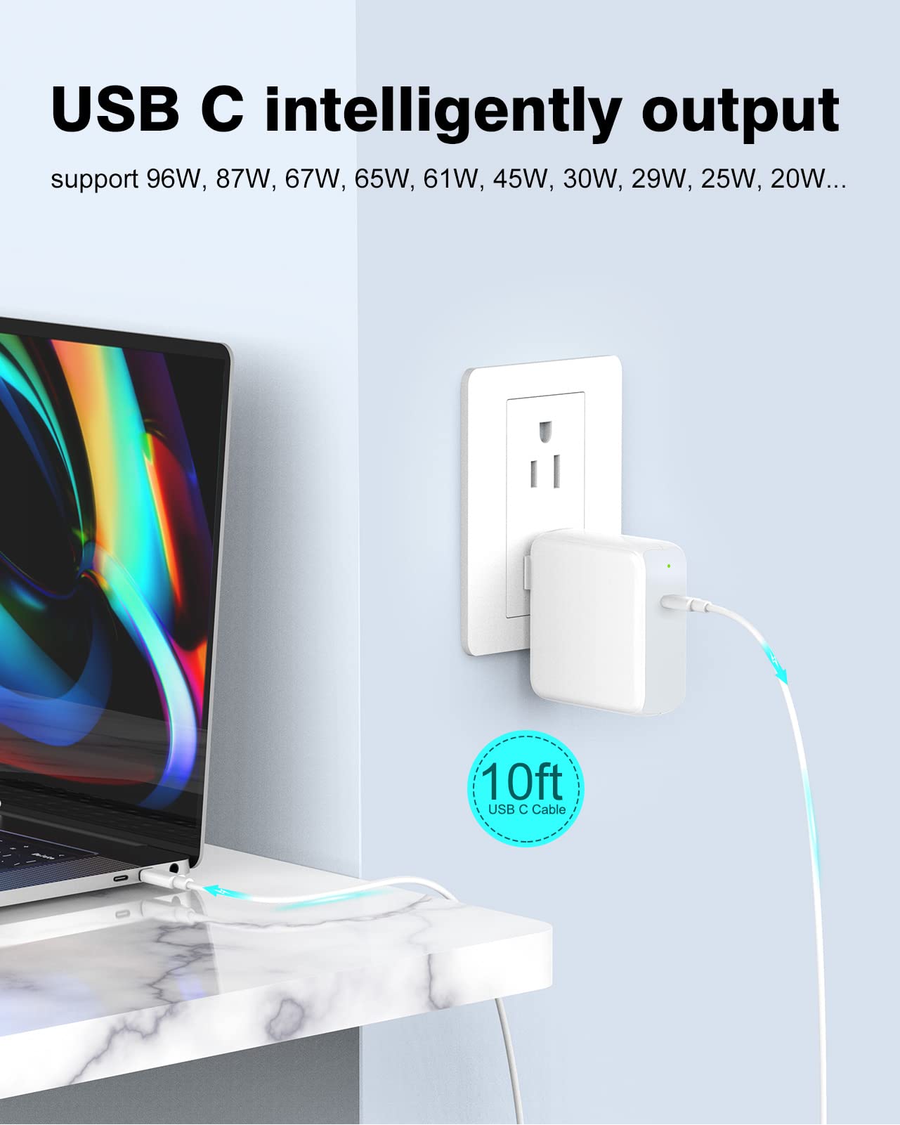10ft Charger for MacBook Pro, 96W USB C Charger Power Adapter for Mac Book Pro 16, 15, 14, 13 inch 2021, 2020, 2019, 2018, New MacBook Air, USBC Laptop Power Supply, LED, 5A Charging Cable