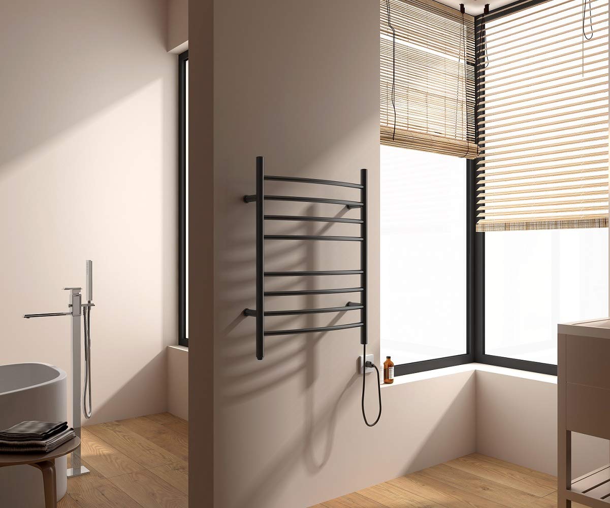 HEAT E Towel Warmer 8 Bar Plug-in Curved Bath Towel Heater Towel Warmer for Bathroom Plug-in Drying Rack Matte Black