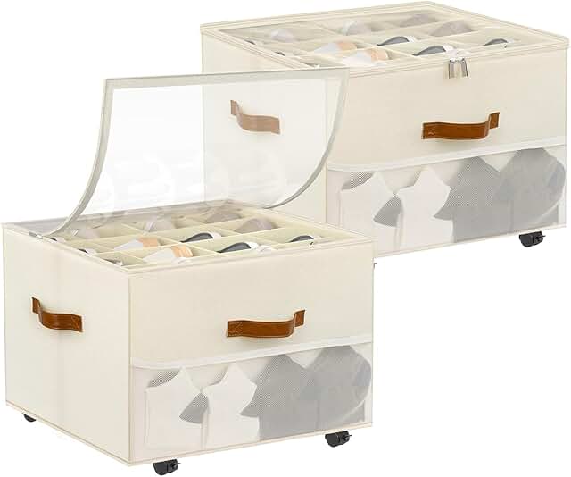 Foldable Shoe Storage Box with Wheels and Dividers