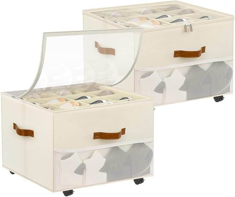 Foldable Shoe Storage Box with Wheels and Dividers