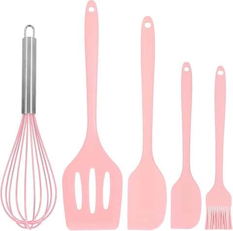 Pink Silicone Kitchen Utensil Set with Spatula and Whisk