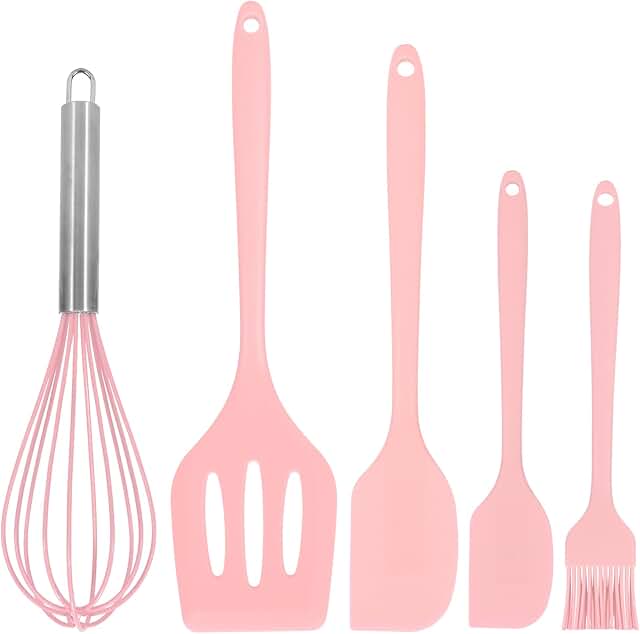 Pink Silicone Kitchen Utensil Set with Spatula and Whisk