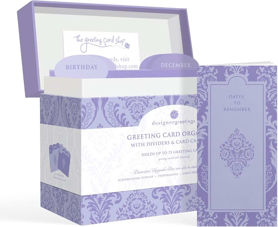 Large lavender damask greeting card organizer with dividers