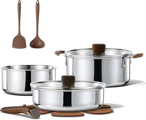 10-Piece Stainless Steel Cookware Set with Detachable Handle