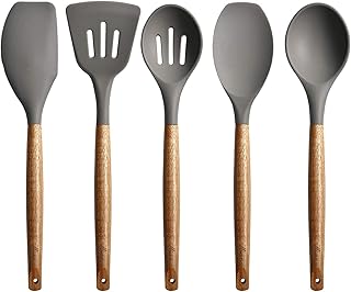 Grey silicone spatula and spoon set with wood handles