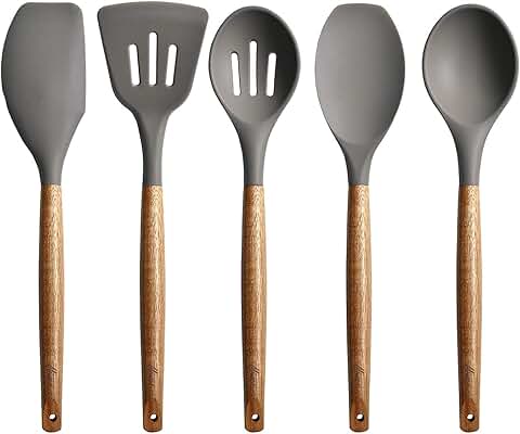 Grey silicone spatula and spoon set with wood handles