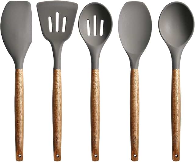 Grey silicone spatula and spoon set with wood handles