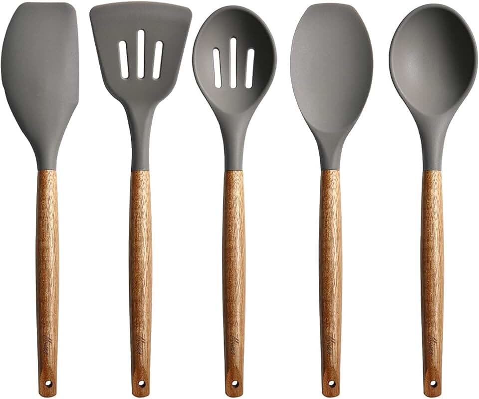 Grey silicone spatula and spoon set with wood handles